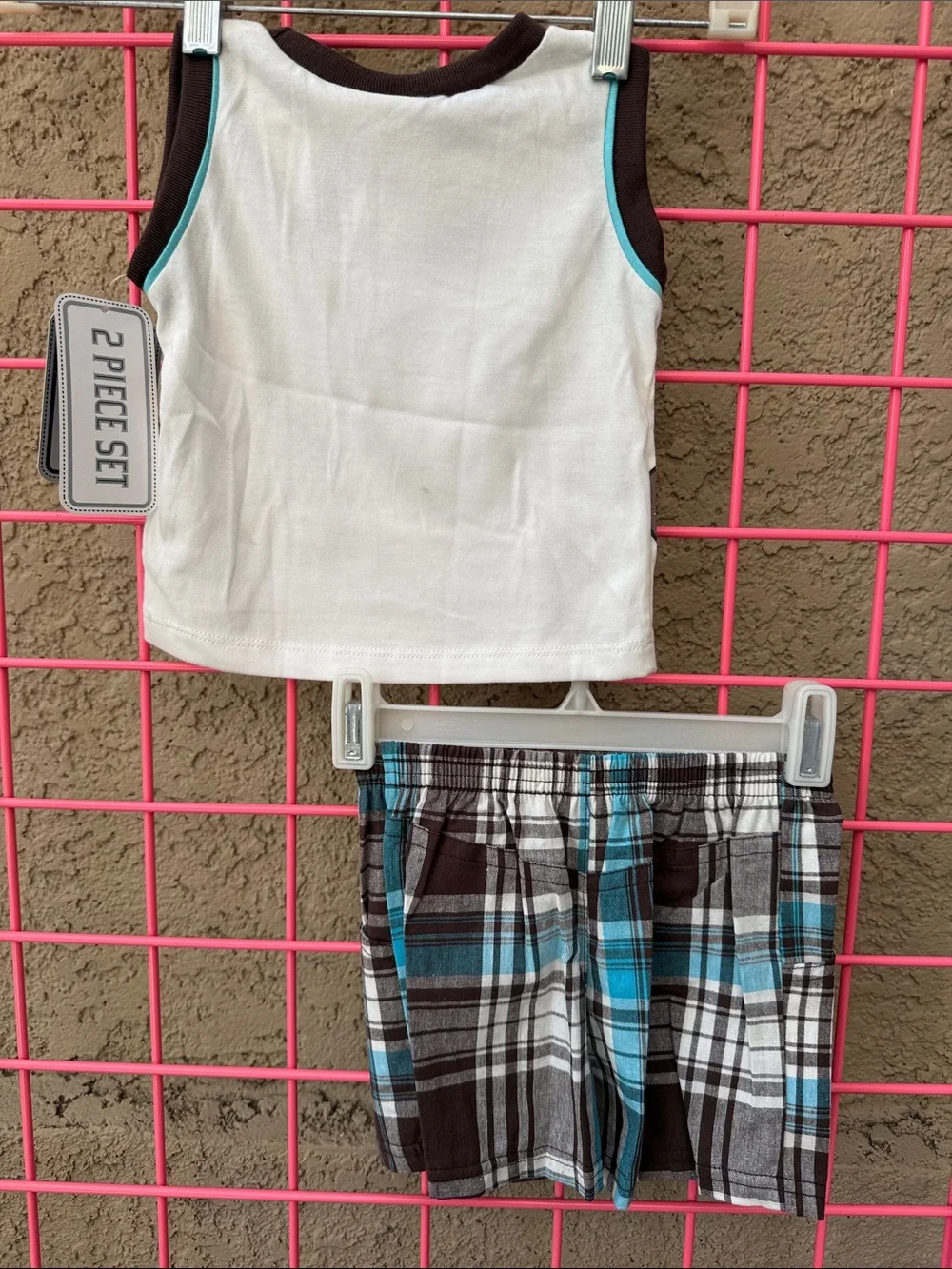 New Vintage rebels cream Tank Top & Brown/Blue Plaid Shorts 'Monkey Business'